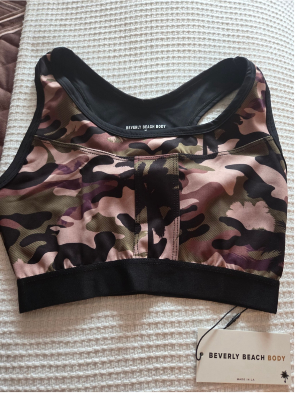 Women's Beverly Beach Body Camo Sports Bra, Size M, Green and Black
